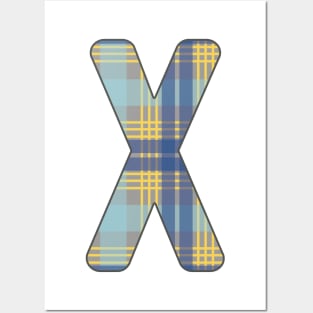 Monogram Letter X, Blue, Yellow and Grey Scottish Tartan Style Typography Design Posters and Art